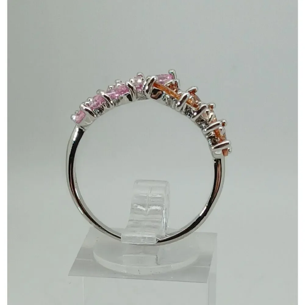 Vintage‎ Ring Size 9.5 Silver Tone White Gold GP Pink Champagne Amber CZ Spray